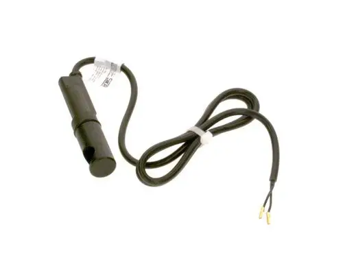 Schwarzes Kabel mit einem Wasserschalter von Bosch, verbunden mit zwei freien Kabelenden. Der Schalter ist zylindrisch geformt und hat einen seitlichen Anschluss.